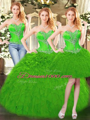 Charming Green Three Pieces Beading and Ruffles Vestidos de Quinceanera Lace Up Organza Sleeveless Floor Length