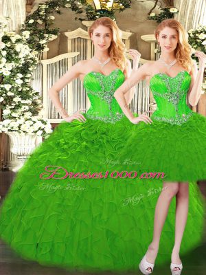 Charming Green Three Pieces Beading and Ruffles Vestidos de Quinceanera Lace Up Organza Sleeveless Floor Length