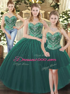 Dark Green Tulle Lace Up Vestidos de Quinceanera Sleeveless Floor Length Beading