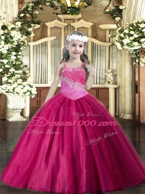Custom Design Floor Length Fuchsia Child Pageant Dress Tulle Sleeveless Beading