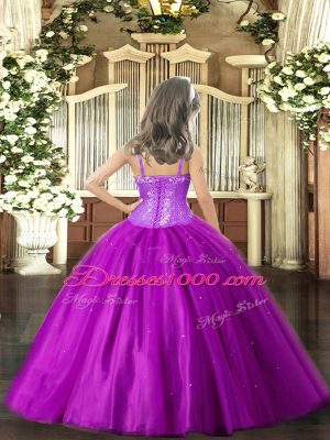 Custom Design Floor Length Fuchsia Child Pageant Dress Tulle Sleeveless Beading
