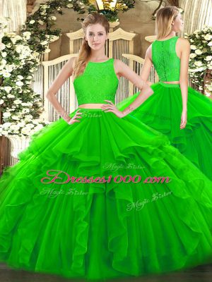 Latest Green Tulle Zipper Ball Gown Prom Dress Sleeveless Floor Length Ruffles