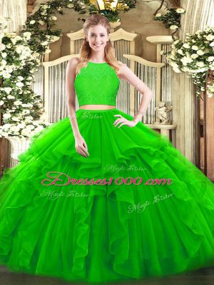 Latest Green Tulle Zipper Ball Gown Prom Dress Sleeveless Floor Length Ruffles