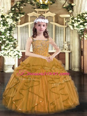 Ball Gowns Evening Gowns Brown Straps Tulle Sleeveless Floor Length Lace Up