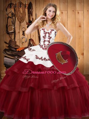 Excellent Tulle Strapless Sleeveless Sweep Train Lace Up Embroidery and Ruffled Layers Quinceanera Dress in Burgundy