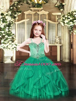 Hot Selling Floor Length Turquoise Little Girls Pageant Gowns Spaghetti Straps Sleeveless Lace Up