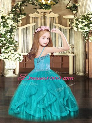 Hot Selling Floor Length Turquoise Little Girls Pageant Gowns Spaghetti Straps Sleeveless Lace Up