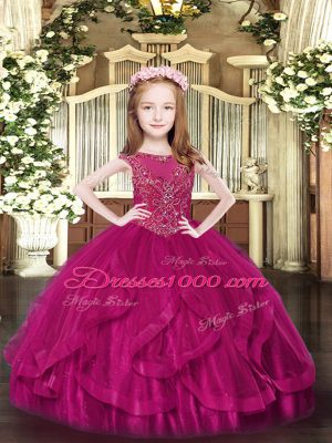 Sleeveless Floor Length Beading and Ruffles Zipper Little Girl Pageant Gowns with Fuchsia