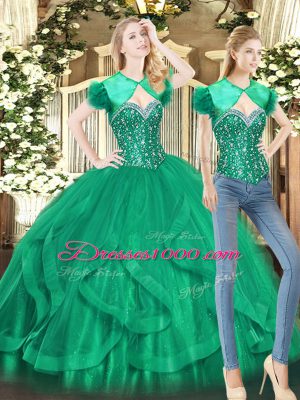 Attractive Green Ball Gowns Beading and Ruffles Vestidos de Quinceanera Lace Up Tulle Sleeveless Floor Length