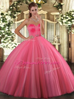 Coral Red Lace Up Sweetheart Beading 15th Birthday Dress Tulle Sleeveless