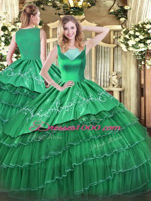 Modern Organza Scoop Sleeveless Side Zipper Beading and Embroidery and Ruffled Layers Quinceanera Dresses in Turquoise