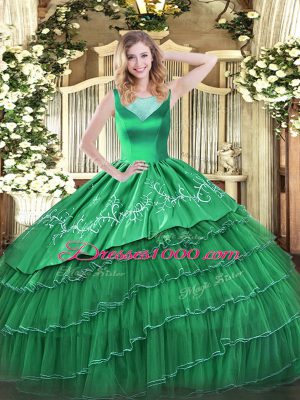 Modern Organza Scoop Sleeveless Side Zipper Beading and Embroidery and Ruffled Layers Quinceanera Dresses in Turquoise