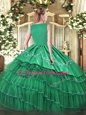 Modern Organza Scoop Sleeveless Side Zipper Beading and Embroidery and Ruffled Layers Quinceanera Dresses in Turquoise