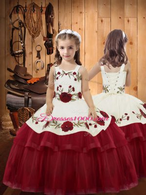 Straps Sleeveless Lace Up Little Girls Pageant Dress Wholesale Wine Red Organza