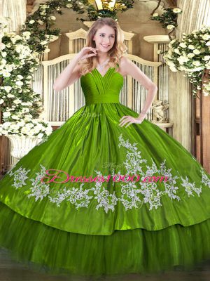 Olive Green Sleeveless Floor Length Embroidery Zipper Quinceanera Dresses