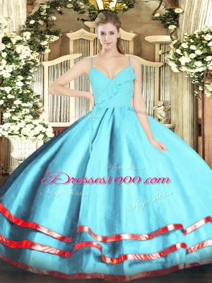 Spaghetti Straps Sleeveless Zipper Quinceanera Dress Aqua Blue Organza