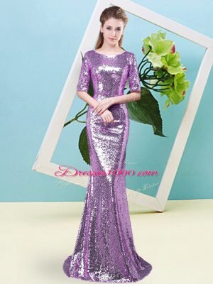 Popular Lavender Scoop Neckline Sequins Prom Party Dress Half Sleeves Zipper