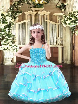 Aqua Blue Ball Gowns Spaghetti Straps Sleeveless Organza Floor Length Lace Up Beading and Ruffled Layers Pageant Dress Wholesale