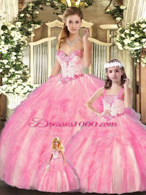 Beautiful Baby Pink Ball Gowns Beading and Ruffles Quinceanera Dresses Lace Up Organza Sleeveless Floor Length