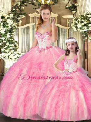 Beautiful Baby Pink Ball Gowns Beading and Ruffles Quinceanera Dresses Lace Up Organza Sleeveless Floor Length