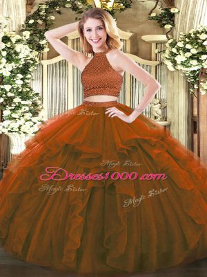 Smart Brown Backless Halter Top Beading and Ruffles 15th Birthday Dress Tulle Sleeveless