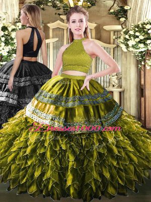 Nice Olive Green Satin and Organza Backless Halter Top Sleeveless Floor Length Ball Gown Prom Dress Beading and Embroidery and Ruffles