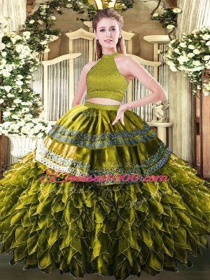 Nice Olive Green Satin and Organza Backless Halter Top Sleeveless Floor Length Ball Gown Prom Dress Beading and Embroidery and Ruffles