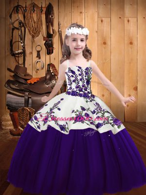 Purple Tulle Lace Up Pageant Dress for Teens Sleeveless Floor Length Embroidery