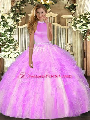 Sumptuous Lilac Organza Backless 15 Quinceanera Dress Sleeveless Floor Length Beading and Ruffles