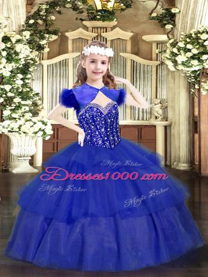 Royal Blue Lace Up Straps Beading and Ruffled Layers Child Pageant Dress Organza Sleeveless