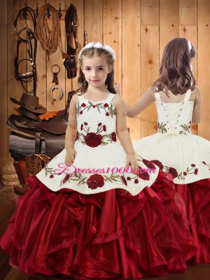 Wine Red Lace Up Kids Formal Wear Embroidery and Ruffles Sleeveless Floor Length