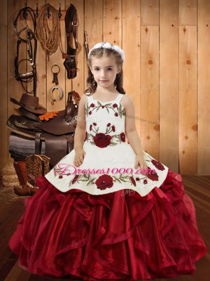 Wine Red Lace Up Kids Formal Wear Embroidery and Ruffles Sleeveless Floor Length