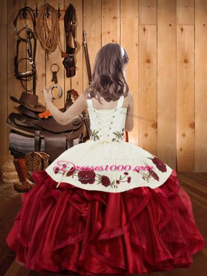 Wine Red Lace Up Kids Formal Wear Embroidery and Ruffles Sleeveless Floor Length
