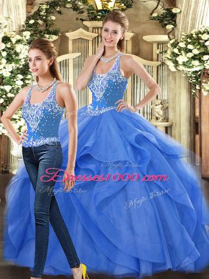 Glorious Straps Sleeveless Quinceanera Gowns Floor Length Beading and Ruffles Blue Tulle