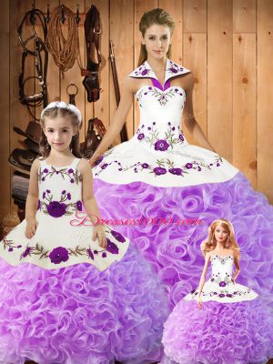 Floor Length Lace Up Quince Ball Gowns Lilac for Military Ball and Sweet 16 and Quinceanera with Embroidery