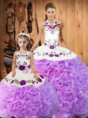 Floor Length Lace Up Quince Ball Gowns Lilac for Military Ball and Sweet 16 and Quinceanera with Embroidery