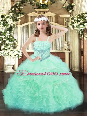 Apple Green Organza Lace Up Straps Sleeveless Floor Length Little Girls Pageant Dress Beading and Ruffles and Pick Ups