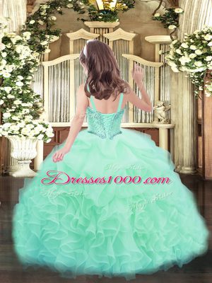 Apple Green Organza Lace Up Straps Sleeveless Floor Length Little Girls Pageant Dress Beading and Ruffles and Pick Ups