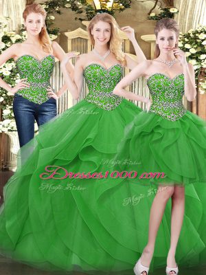 Customized Sleeveless Floor Length Beading and Ruffles Lace Up Quinceanera Dresses with Green