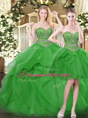 Customized Sleeveless Floor Length Beading and Ruffles Lace Up Quinceanera Dresses with Green