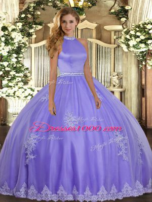 Halter Top Sleeveless Quince Ball Gowns Floor Length Beading and Appliques Lavender Tulle