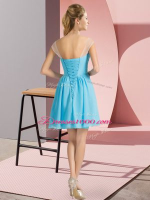 Chiffon Scoop Cap Sleeves Lace Up Beading Prom Party Dress in Apple Green