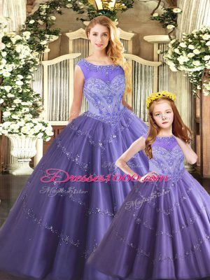 Lavender Lace Up Quinceanera Gowns Beading Sleeveless Floor Length