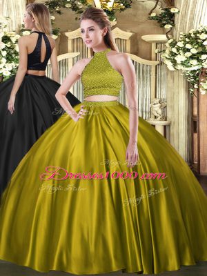 Floor Length Backless 15th Birthday Dress Yellow Green for Military Ball and Sweet 16 and Quinceanera with Beading
