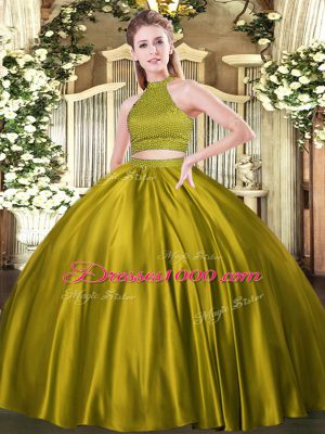 Floor Length Backless 15th Birthday Dress Yellow Green for Military Ball and Sweet 16 and Quinceanera with Beading