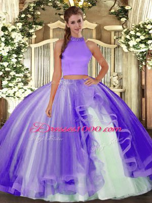 Custom Designed Lavender Two Pieces Halter Top Sleeveless Tulle Floor Length Backless Beading and Ruffles Sweet 16 Dress