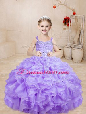Beauteous Lavender Straps Lace Up Beading and Ruffles Kids Pageant Dress Sleeveless
