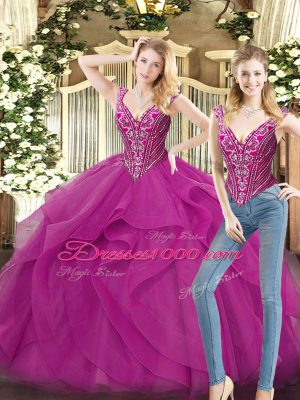 On Sale Fuchsia Lace Up V-neck Beading and Ruffles Sweet 16 Dresses Organza Sleeveless