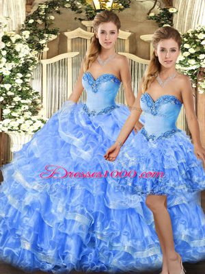 Floor Length Lace Up Quinceanera Dress Light Blue for Military Ball and Sweet 16 and Quinceanera with Beading and Ruffles