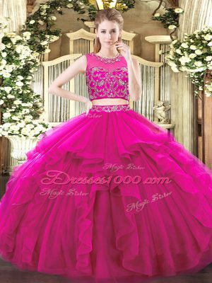 Trendy Fuchsia Sleeveless Floor Length Beading and Ruffles Zipper 15th Birthday Dress